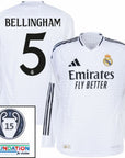 Real Madrid Bellingham 5 Home Fan Jersey Long Sleeve 2024/25 Patches UCL UEFA Foundation (Official Printing)