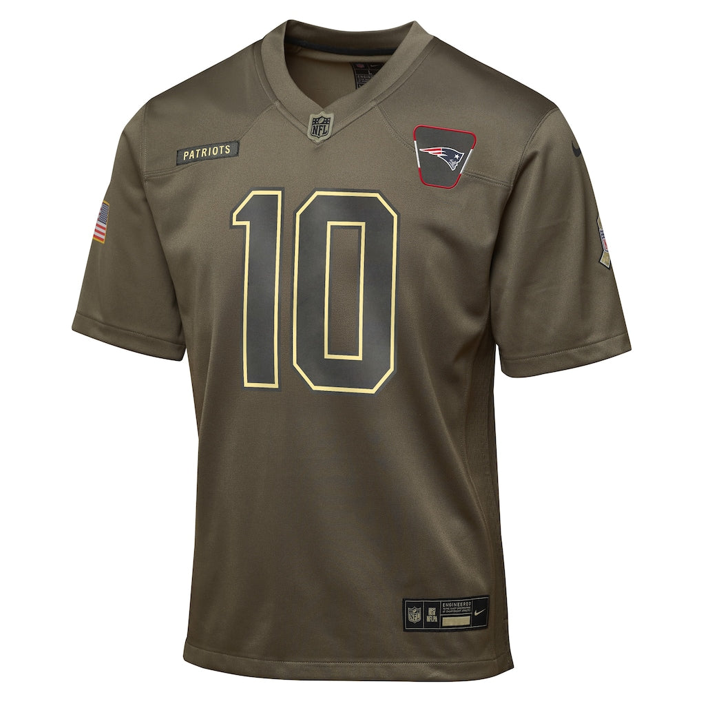 New England Patriots Drake Maye  Olive 2025 Salute to Service Game Jersey NFL